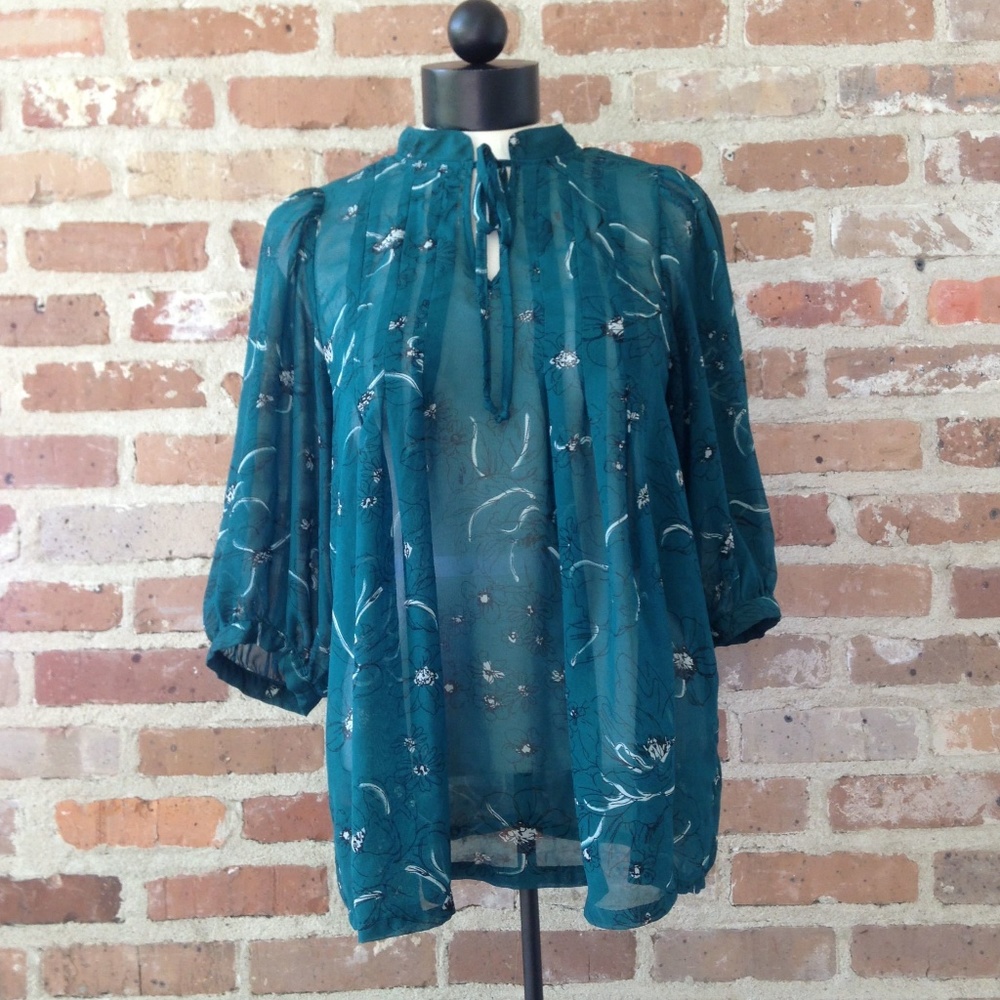 Teal Sheer Tie Neck Flowy 3/4 Sleeve Blouse Small